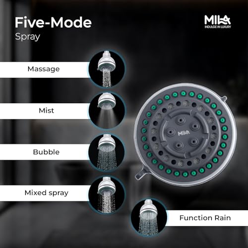 Image of Mila Bijou Multi-Function Overhead Shower Head | 5-Mode Rain Massage Bubble Mist Mixed Spray | Chrome Finish Round Wall-Mount Showerhead | Durable ABS Body | Easy Install | Bathroom Fitting
