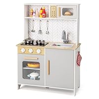 COSTWAY Kids Play Kitchen, Wooden Pretend Toy Kitchen with Lights & Sounds, Oven, Microwave, Sink, Faucet, Utensils, Children's Chef Role Play Set for Boys Girls (White+Grey)