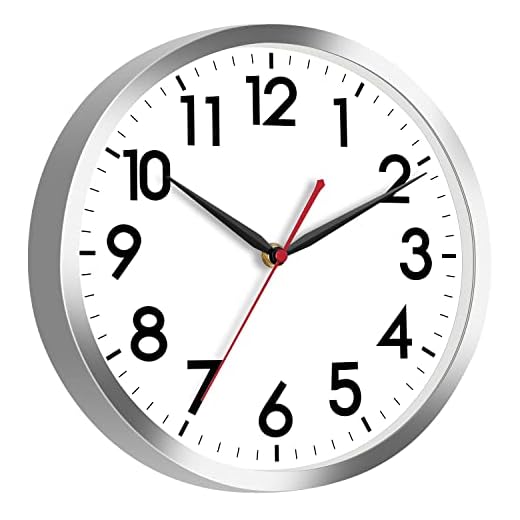 AKCISOT Wall Clock 12 Inch Silent Wall Clocks Battery Operated Non Ticking - Modern Silver Clock Decorative for Kitchen, Bathroom, Bedroom, Living Room, Office, Home