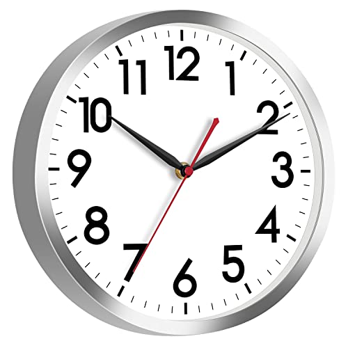 Image of AKCISOT Wall Clock 12 Inch Silent Wall Clocks Battery Operated Non Ticking - Modern Silver Clock Decorative for Kitchen, Bathroom, Bedroom, Living Room, Office, Home