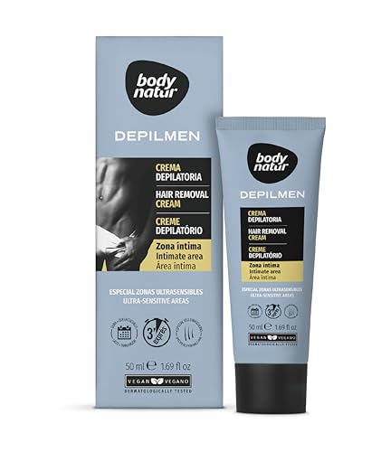 BODYNATUR - Crema Depilatoria Hombre 50 ml - Para Depilar Zona Íntima y Zonas Ultrasensibles - Depilación rápida en 3 Minutos Innovadora e Hidratante - Pieles sensibles - Depilación masculina corporal