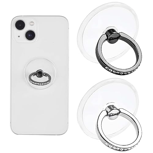 2 Pcs Transparent Phone Ring Holder with Diamond, 360 Degree Rotation Mobile Phone Accessories Ring Holder for Phone Case (Silver+Black)