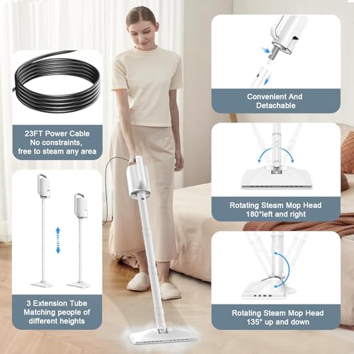 Image of 6-in-1 Steam Mop, 1200W Rotated Steam Cleaner for Home, 2 Modes, 400ML Removable Tank, 23FT Cord, 2 Washable Pads, Multi-Surface Steamer for Hard Floor, Laminate Floor, Tiles Cleaning (Pearl White)