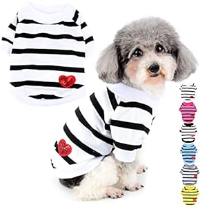 Zunea Chemises pour Petits Chiens D&rsquo;été T-Shirt Basique à Rayures Chiot Vêtement à Paillettes en Forme de c?ur Sweat-Shirt à Manches Courtes en Coton Doux pour Animal Domestique Chihuahua Blanc XS