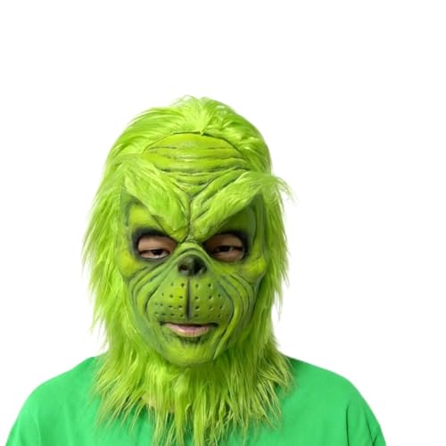 WPOZD Deluxe Christmas Mask with Santa Hat Green Plush Fur Holiday Costume Accessory (Green Mask and Gloves)