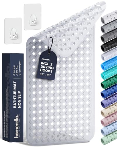 Image of Bathtub Mat Non Slip 35x16 - homerella® Bath Mat Incl. Hooks for Drying, Extra Long, 100% BPA Free, Shower Mat Non Slip Anti Mold, Machine Washable, Shower Mats for Inside Shower Mildew Resistant