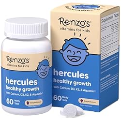 Renzo's Hercules Healthy Growth Calcium Supplement with Vitamin D3, K2 & Aquamin - Vitamins for Kids Height, Ages 2+, Dissolvable, 60 Grape-Flavored Melty Tabs