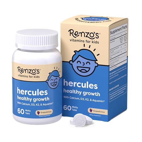 Renzo's Hercules Healthy Growth Calcium Supplement with Vitamin D3, K2 & Aquamin - Vitamins for Kids Height, Ages 2+, Dissolvable, 60 Grape-Flavored Melty Tabs