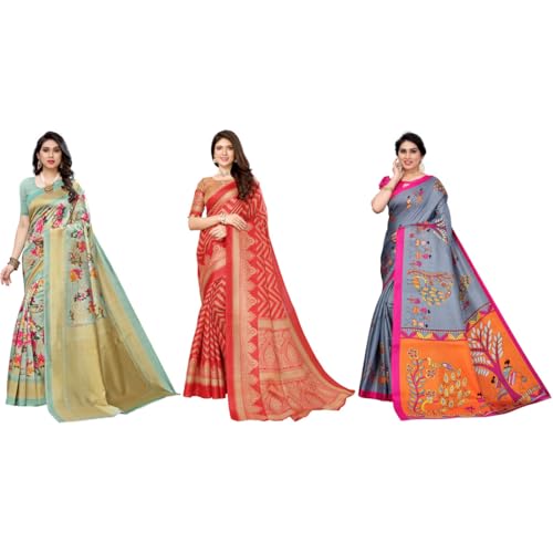 Image of Yashika Women's Sarees Women's Combo Art Silk Printed Saree With Unstitched Blouse Piece |saree for Women | saree combo | New Sari | Saree Pack Of 3