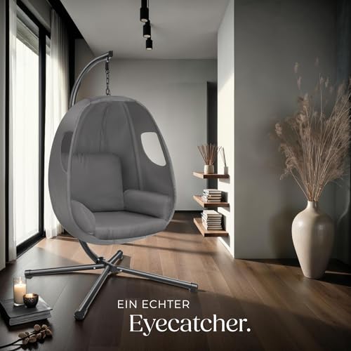 tectake® Hängesessel mit Gestell, Indoor oder Outdoor, Schaukel Sessel mit Kissen + Rückenkissen, Schaukelstuhl, Hängestuhl. Möbel für Wohnzimmer, Schlafzimmer, Balkonmöbel, bis 160kg (anthrazit)