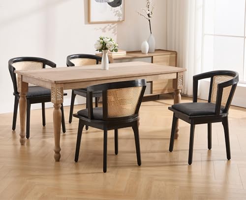 EALSON Rattan Mid Century Dining Chairs Set of 4 Modern Farmhouse Dining Room Chairs with Cane Curved Back and Black Wooden Legs Comfortable Linen Upholstered Kitchen Side Chairs, Charcoal