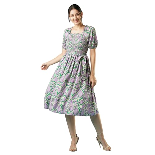 Image of Globus Women Teal Floral Print Smocked Square Neck Casual Fit and Flare Midi Belted Dress-3638174002