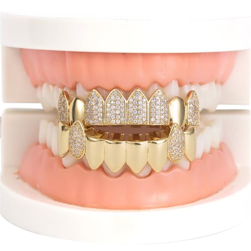 Grillz street Hip Hop personality Gold Shiny Copper gold-plated teeth Grillz Vampire fangs Grills Daily wear Halloween and Party Unisex - Comes With Tweezer & Dental Wax (8002Silver)3