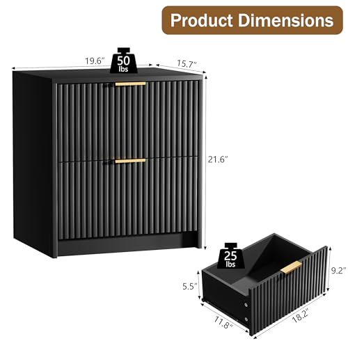 Image of Furniway Nightstands Set of 2, Fluted Nightstand with Gold Metal Handles and 2 Drawers, Modern Bedside Table, 19.6 inch Wide Wood End Table for Bedroom, Black