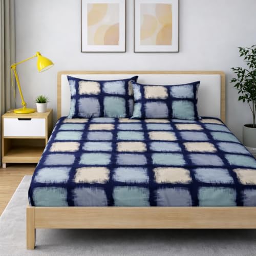 Image of 350 TC Premium Heavy Cotton Feel Elastic Fitted Bedsheet King Size with 2 Pillow Covers || Double Bed with All Around Elastic (Navy Blue., Fitted - Double72x72)