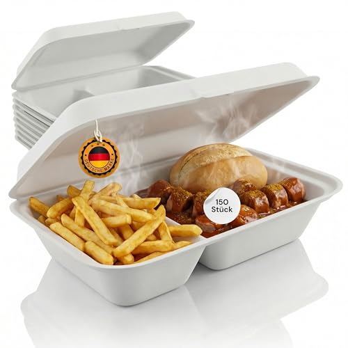 LogiPack GeRo Bio Take Away Box 2-geteilt weiß 250 x 162 x 63 mm aus Zuckerrohr | nachhaltige To Go Lunchbox Transportbox | Lebensmittel Behälter Einweg | kompostierbar auslaufsicher (150 Stück)