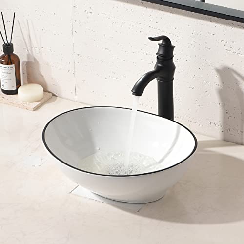 Oval Ceramic Vessel Sink -Hlblfy Oval Above Counter White Porcelain Ceramic Bathroom Vessel Sink Basin Washing Bowl Set And Faucet，White Background And Black Edge #TOP4