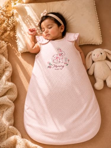 Image of TuddyBuddy Baby Cotton Wearable Quilted Sleeping Bag Blanket 1.5 Tog with 1 Way Zipper Closure | Ideal for Babies & Kids Hypoallergenic Fabrics | (Bunny Patch - Pink Polka, 18-24 Months)