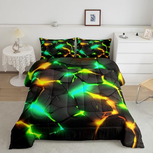 Image of Feelyou Kids Green Yellow Honeycomb Comforter Set Queen Size, Hexagonal Bedding Set Beehive Duvet Insert Boys Girls Teens Bedroom Decor with 2 Pillow Case