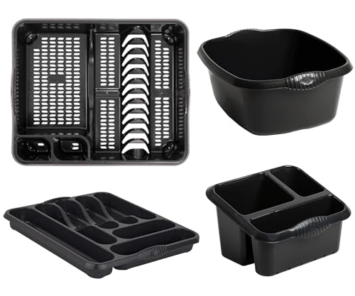 Homey Mart 4-Piece Kitchen Sink Set, Large Dish Drainer, 39cm Washing Bowl, Cutlery Tray and Sink Tidy, Colour - Black