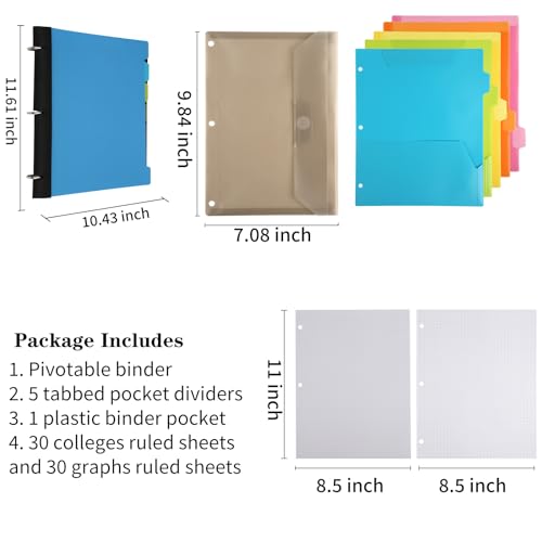 Image of Pivotable Refillable Notebook, 3 Ring Binder Notebooks 1 Inch, Notebook with Dividers and Pockets, Folder Notebook, Flexible Binder, Soft Binders 3 Ring, Foldable Binder- Blue