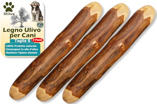 Stilux® Set di 3 bastoni in legno d'ulivo per cani fino a 10 kg, taglia S, giocattoli da masticare, rami de legno giochi resistenti, rafforza l'igiene orale e riduze il tartaro