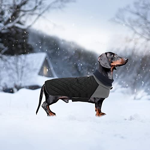 Geyecete Hundemantel Dackel, Dackel Wintermantel, Warmer Quilten Dackelmantel mit Geschirr Loch,Winddicht Rollkragen Hundejacken für kleine Hunde-Schwarz-S