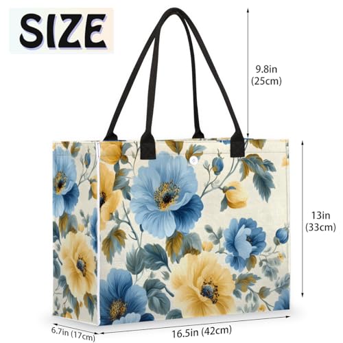 Vintage Blue Yellow Flowers Tote Bag for Women Large Beach Bag Reusable Tote Bags for Work Travel Beach Shopping2