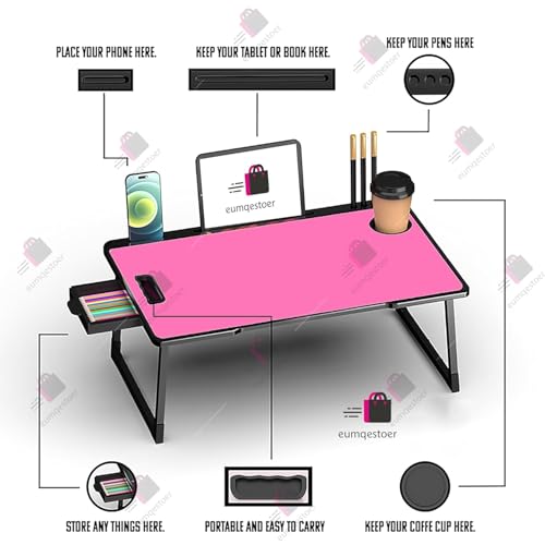 Image of Foldable Wooden Mini Laptop Table for Bed, Study Table with Drawer, Tablet /Mobile Holder for Kids & Adults (US-Pink COTED)