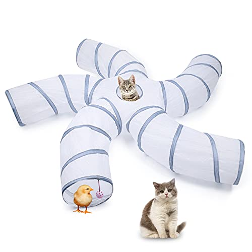 Image of EGETOTA Cat Tunnel for Indoor Cats Large, with Play Ball S-Shape 5 Way Collapsible Interactive Peek Hole Pet Tube Toys, Puppy, Kitty, Kitten, Rabbit (White & Grey)