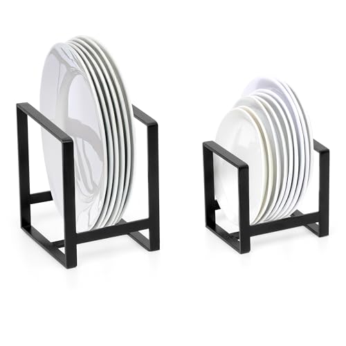 Image of Livzing 2Pcs Plate Stand - Plate Holders - Metal Plate Dish Organizer Drying Rack for Kitchen Cabinet & Countertop - Utensil Storage Stand for Plates, Lids, Cutting Boards, Bowl (Small & Large Black)