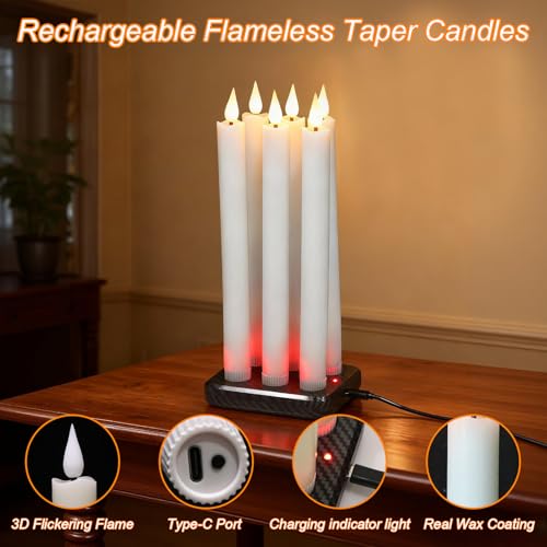 Image of GenSwin Rechargeable Flameless Taper Candles with Charging Base, 6 Pack White LED Taper Candles Battery Operated with 2 Remote Timer, Real Wax Flameless Candlesticks for Holiday Christmas Home Decor