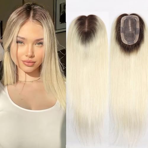 Dark Brown Rooted Human Hair Topper for Women No Bangs