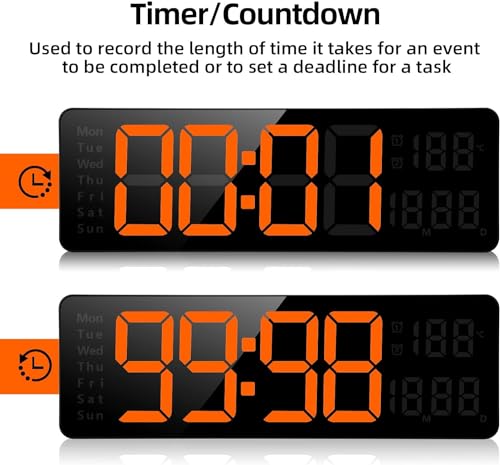 Image of Niyam Plastic Digital USB Wall Clock With 13 Inch Large Display Multifunctional Alarm Clock With Remote Control For Living Room Home & Office (Orange Digit - 32 X 10.5 X 2.7 Cm - Black)