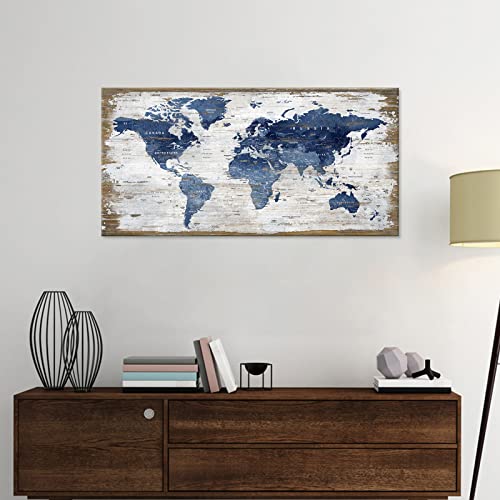 Retro World Map Nautical Wall Decor The Map Of World Framed Canvas Wall Art White Wooden Board Blue World Map Canvas Pictures Artwork Prints For Office Home Living Room Bedroom Decoration 20"X 40" #TOP4