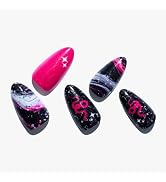 GLAMERMAID Press on Nails Medium Almond,UV Hot Pink and Black False Nails with Gothic Ombre Desig...