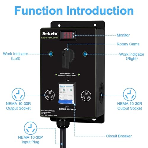 Manual EV Charging Switch for Dryer & EV, NEMA 10-30, 240V, 24A 5.76kW Max Power Splitter, with a Safety Breaker Switch, Hand-Operated Selector, Plug and Play - Thumbnail 3