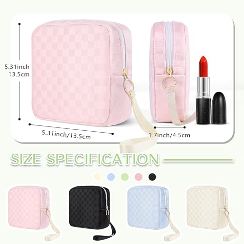 Image of Likesing Upgraded 5.3 inch Checkered Mini Makeup Bag, Beige Small Cosmetics Bag for Purse, Portable Small Makeup Pouch with Wrist Strap, Thickened Travel Mini Toiletry Bag for Womens Girls