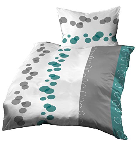 Gerald Wittmann Bettwäsche 135x200 cm + 80x80 cm, Baumwolle Mako Satin, Kreisen Aqua-Türkis Grau Weiß