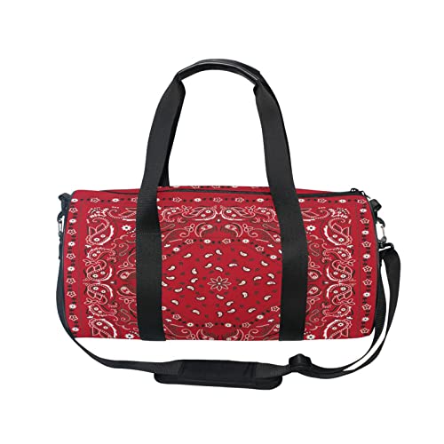 Red Bandana Print Traditional Asian Elements Paisley Floral Flowers Duffel Bag, Foldable Canvas Travel Tote for Gym Sports with Inner Pockets, Durable Lightweight Fitness Bag for Overnight Workout2