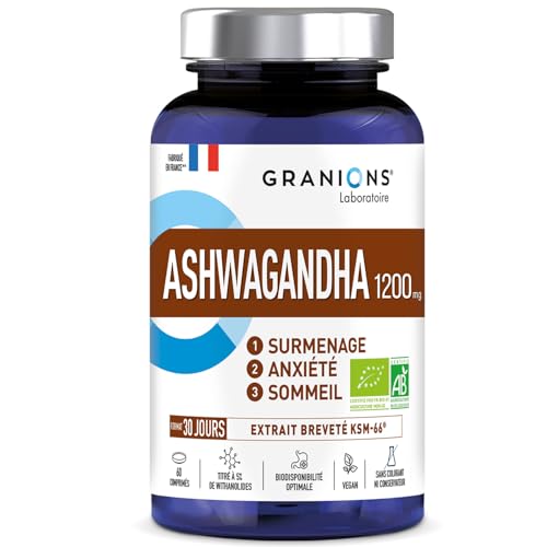 ASHWAGANDHA BIO 1200 MG GRANIONS 30 Jours - Régulation du Cortisol - Ashwagandha KSM-66 - Anti Stress Adulte, Sommeil Adulte - Cortisol Perte de Poids - 60 comprimés -...