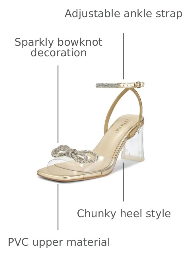 Image of ISNOM Clear Heels for Women with Square Toe, Wedding Heels with Bow | Chunky Heels, Sparkly Heels, PVC, Party, Festive, Gift, Paired with Daily Wear, Wearing It All Day