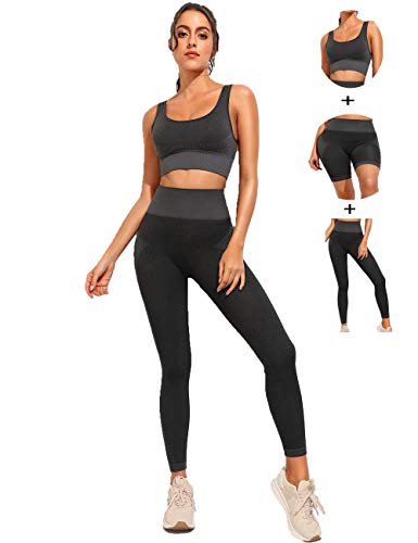 Toplook Women Seamless Yoga Workout Set 3Pcs Outfits Gym Bra Leggings Shorts (Black, Small)