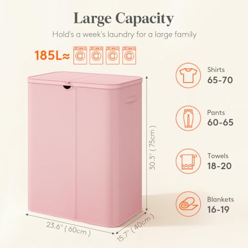 Image of Lifewit 185L 3 Section Laundry Hamper with Lid, Large Laundry Basket with Handles and Removable Bags, Tall Clothes Hamper, Foldable Laundry Sorter for Bedroom Bathroom, Pink