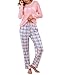 Marvmys Schlafanzug Damen Lang Winter Baumwolle Pyjama Set Zweiteilig Gemütlich Rundhals Herz-Print T-Shirt Karierte Hose