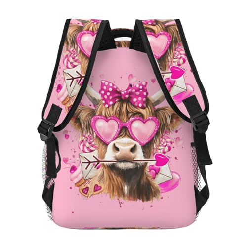 Cute Highland Cow with Bow Heart Glasses Backpack Large Capacity Lightweight Casual Travel Sports Backpack 11.4X7.8X15.7 inch4