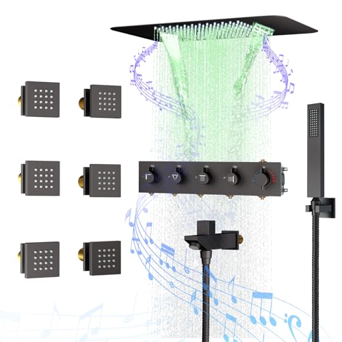 Matte Black Thermostatic Shower System with Body Jets, Ceiling Mounted