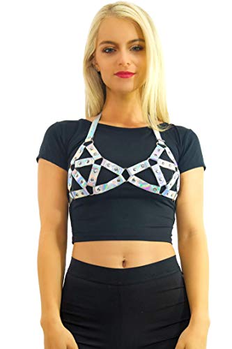 Rave Body Harness Tank Top - Silver Holographic Metallic EDM Festival Crop Top