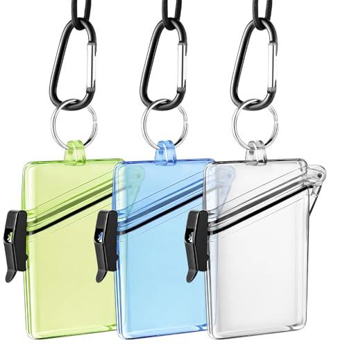BESARME 3 Pack Waterproof ID Badge Holder Case Clear Vertical ID Card Holder with Lanyard Carabiner and Keychain Durable Locker Dry BoxClear Blue Yellow