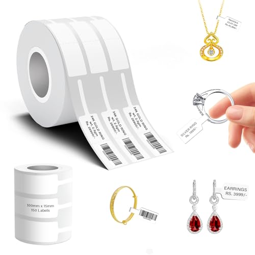 Image of Seznik Jewellery Thermal Labels - 14.3mm x 100mm, Waterproof, Non Tearable, Direct Thermal, 150 Labels (1 Roll), for 2 to 4 Inch Printers, White, for Jewellery Tagging